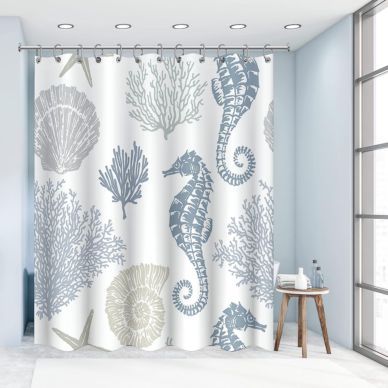 Coastal Beach Theme Shower Curtain With Seahorse, Coral, And Seashell Design For Nautical Bathroom Decor - Image 2
