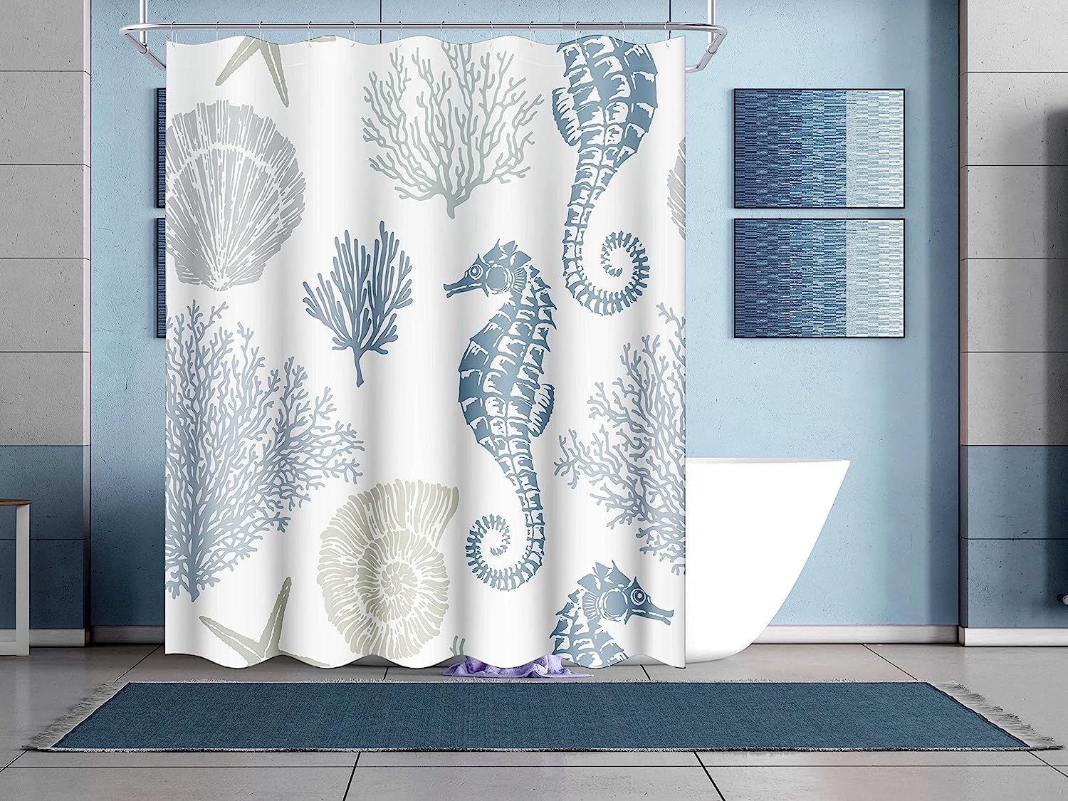 Coastal Beach Theme Shower Curtain With Seahorse, Coral, And Seashell Design For Nautical Bathroom Decor - Image 3