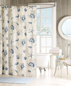 Coastal Blue and Taupe Seashells Fabric Shower Curtain for Your Beach-Themed Bathroom Decor 