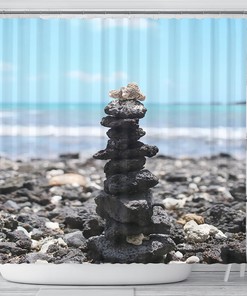 Coastal Cairn Shower Curtain, Beachy Bathroom Decor With Rock Stacking