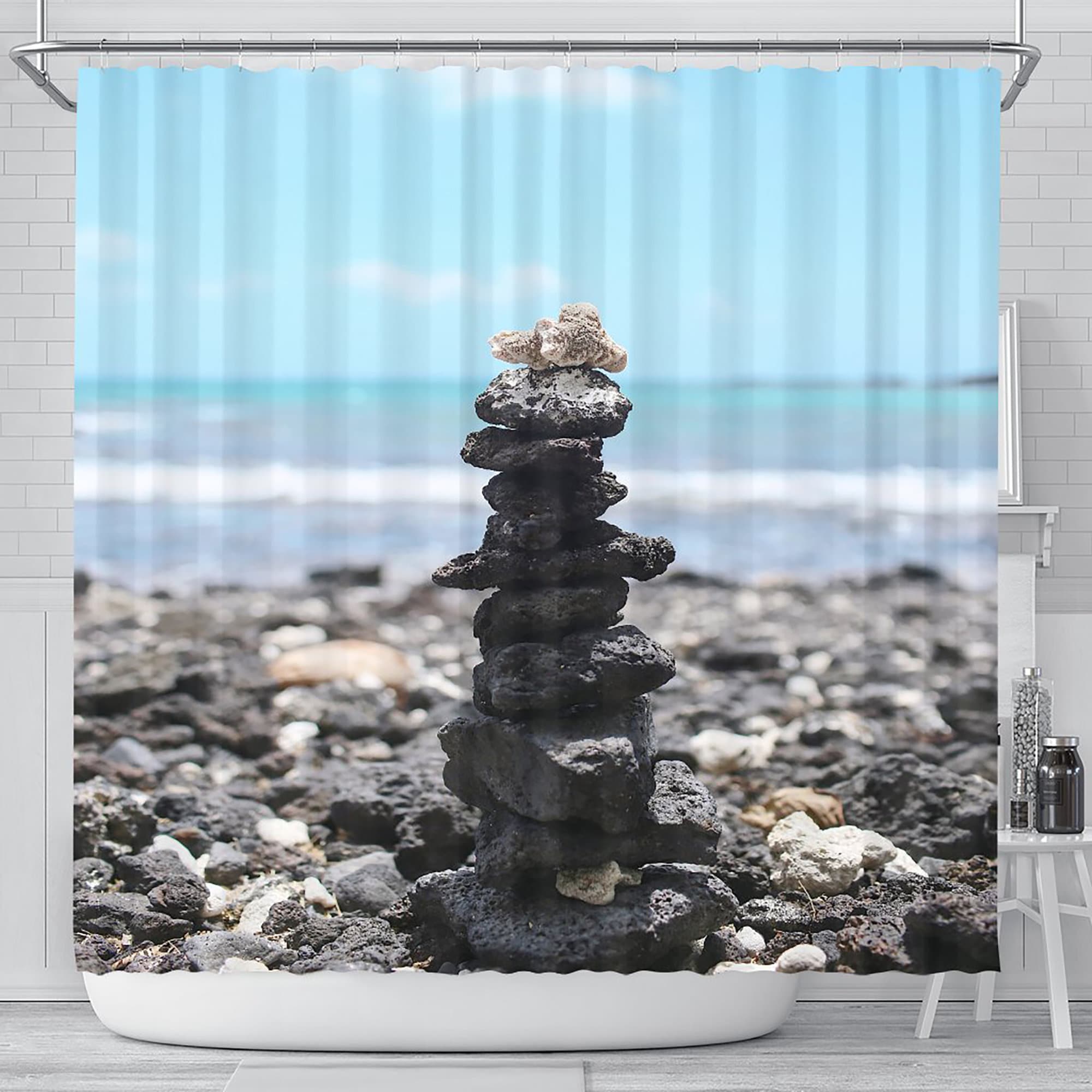 Coastal Cairn Shower Curtain, Beachy Bathroom Decor With Rock Stacking