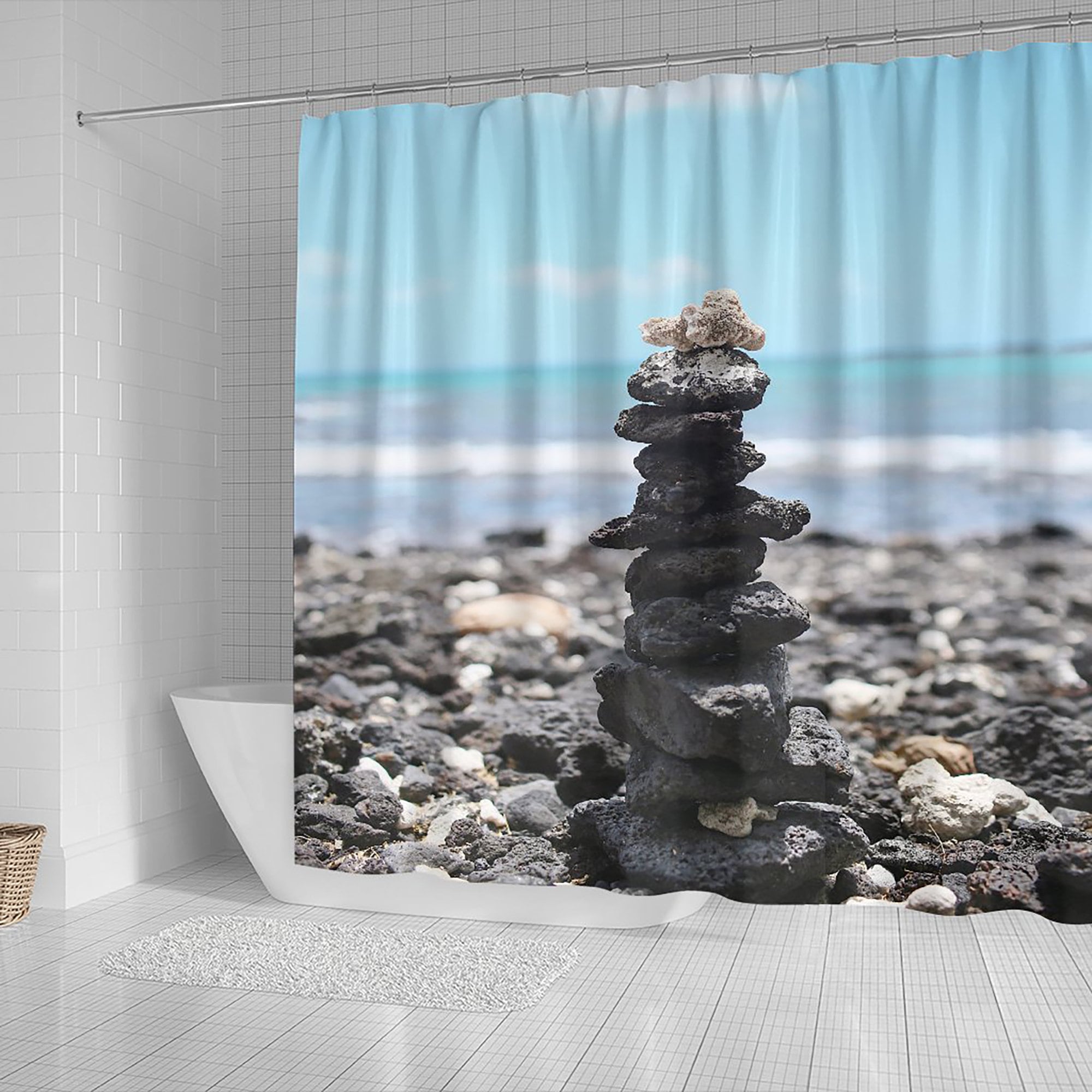 Coastal Cairn Shower Curtain, Beachy Bathroom Decor With Rock Stacking - Image 2