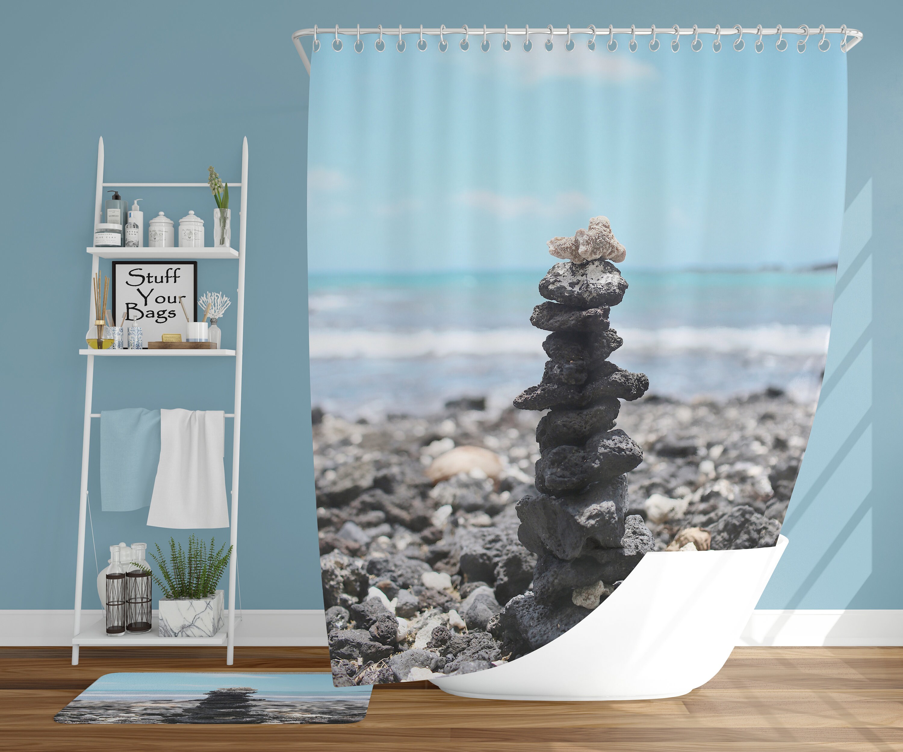 Coastal Cairn Shower Curtain, Beachy Bathroom Decor With Rock Stacking - Image 3