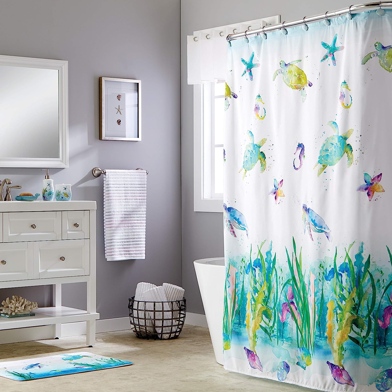 Coastal Collage Neutral Shower Curtain, Natural Bathroom Decor