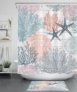 Coastal Coral Seashell Rustic Retro Wood Shower Curtain Bathroom Accessories Set For Coordinated Beach Bathroom Decor