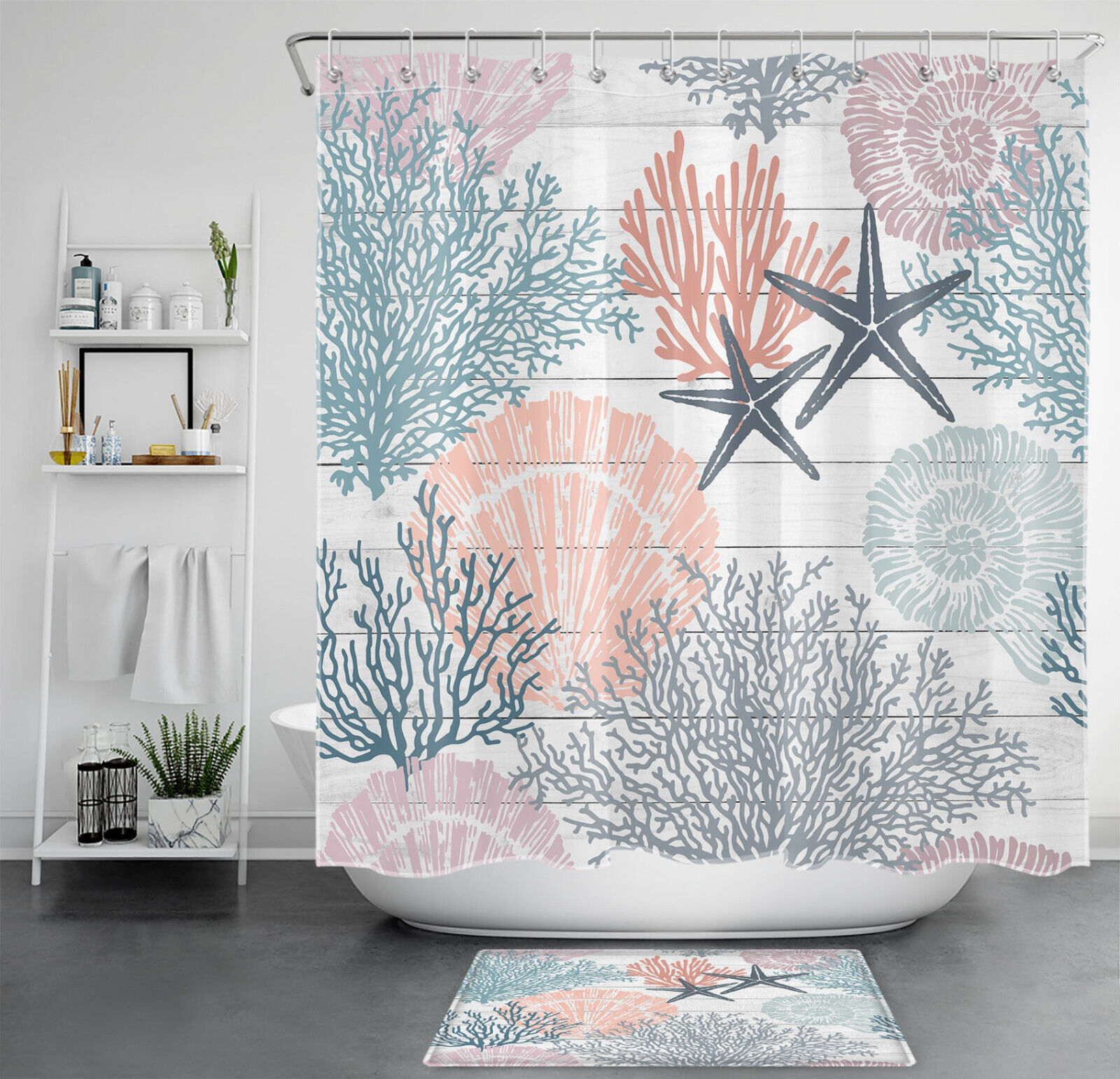 Coastal Coral Seashell Rustic Retro Wood Shower Curtain Bathroom Accessories Set For Coordinated Beach Bathroom Decor