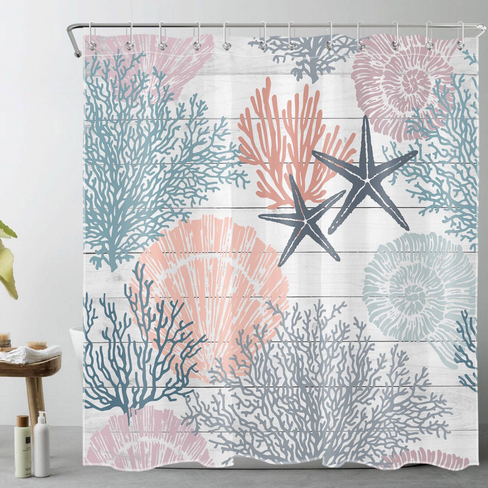 Coastal Coral Seashell Rustic Retro Wood Shower Curtain Bathroom Accessories Set For Coordinated Beach Bathroom Decor - Image 2