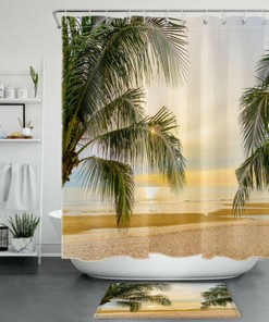 Coastal Escape: Sandy Beach Shower Curtain with Sunset and Palm Leaves