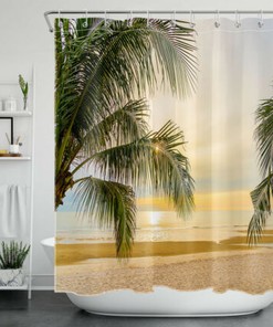 Coastal Escape: Sandy Beach Shower Curtain with Sunset and Palm Leaves