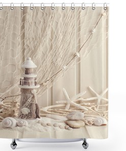 Coastal Fishing Net Marine Beach Theme Bath Curtain with Starfish and Seashell Elements for Your Nautical Bathroom Dcor