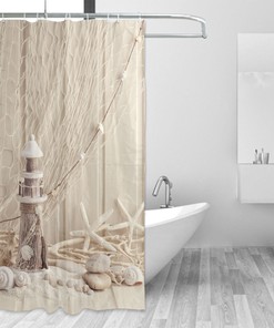 Coastal Fishing Net Marine Beach Theme Bath Curtain with Starfish and Seashell Elements for Your Nautical Bathroom Dcor