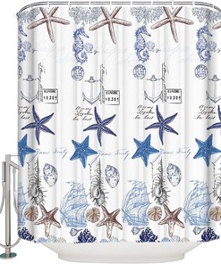 Coastal Marine Life Blue Starfish and Seashells Red Vow Chic Shower Curtain for Bathroom Decor