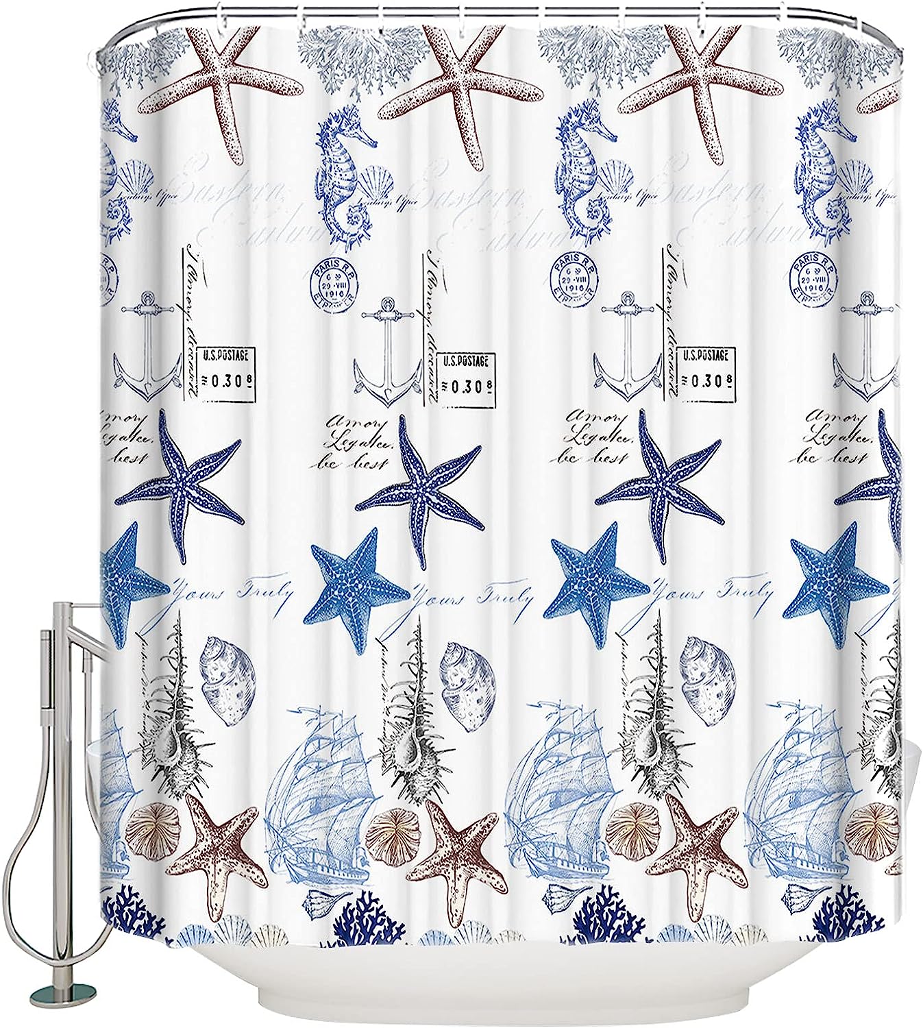Coastal Marine Life Blue Starfish and Seashells Red Vow Chic Shower Curtain for Bathroom Decor