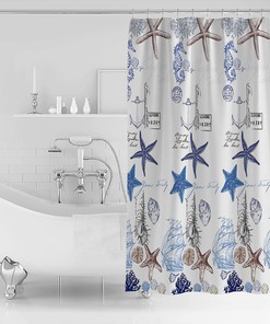 Coastal Marine Life Blue Starfish and Seashells Red Vow Chic Shower Curtain for Bathroom Decor