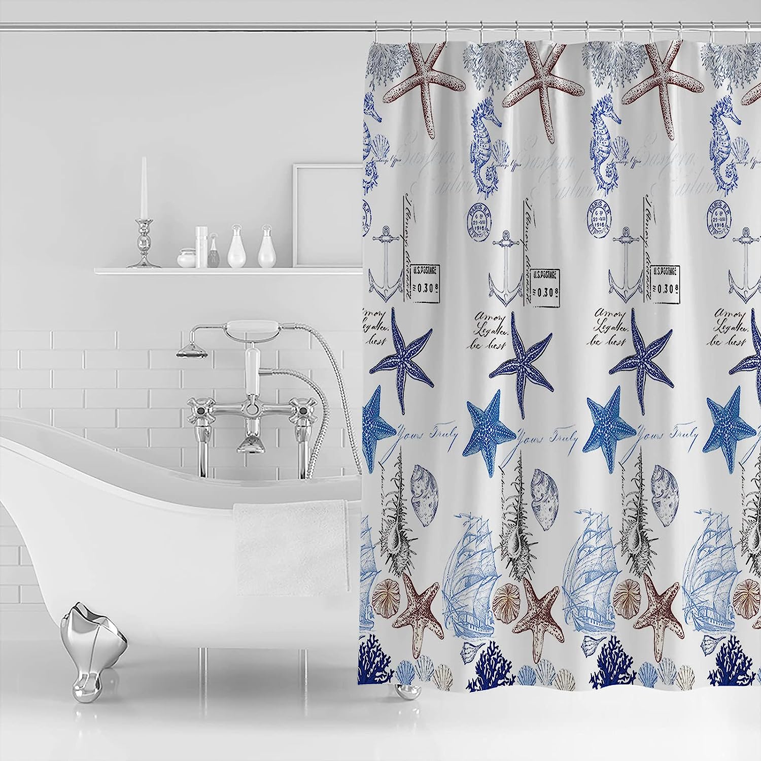 Coastal Marine Life Blue Starfish and Seashells Red Vow Chic Shower Curtain for Bathroom Decor