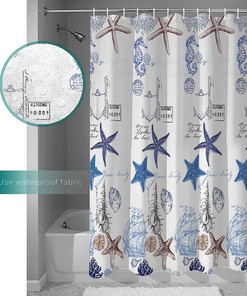 Coastal Marine Life Blue Starfish and Seashells Red Vow Chic Shower Curtain for Bathroom Decor