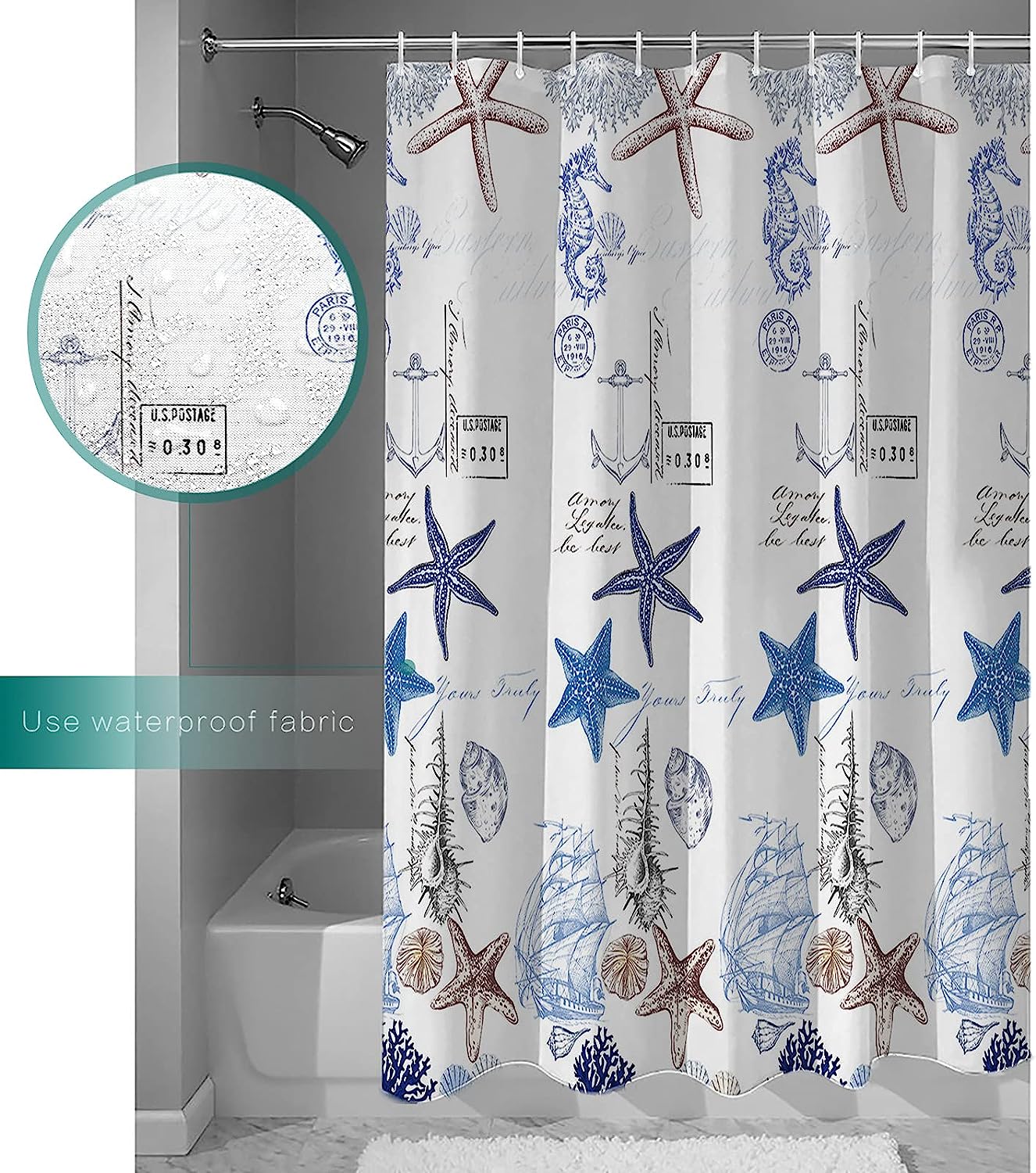 Coastal Marine Life Blue Starfish and Seashells Red Vow Chic Shower Curtain for Bathroom Decor