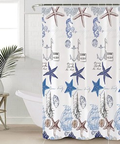 Coastal Marine Life Blue Starfish and Seashells Red Vow Chic Shower Curtain for Bathroom Decor