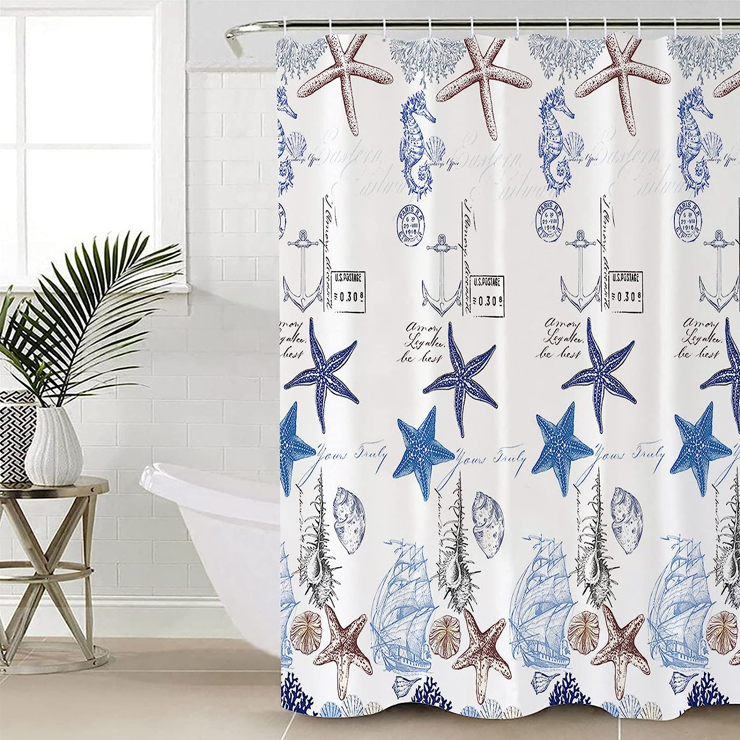 Coastal Marine Life Blue Starfish and Seashells Red Vow Chic Shower Curtain for Bathroom Decor