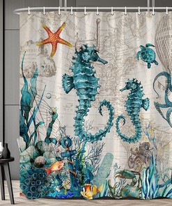 Coastal Marine Life Shower Curtain, Seahorse Octopus Turtle Anchor Sea Life Bath Decoration