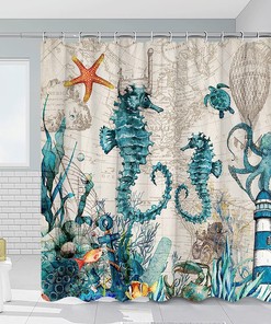 Coastal Marine Life Shower Curtain, Seahorse Octopus Turtle Anchor Sea Life Bath Decoration