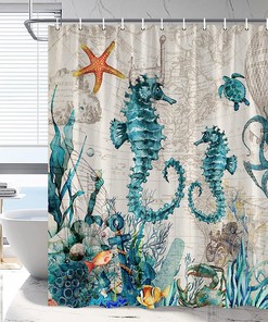 Coastal Marine Life Shower Curtain, Seahorse Octopus Turtle Anchor Sea Life Bath Decoration