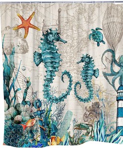 Coastal Marine Life Shower Curtain, Seahorse Octopus Turtle Anchor Sea Life Bath Decoration