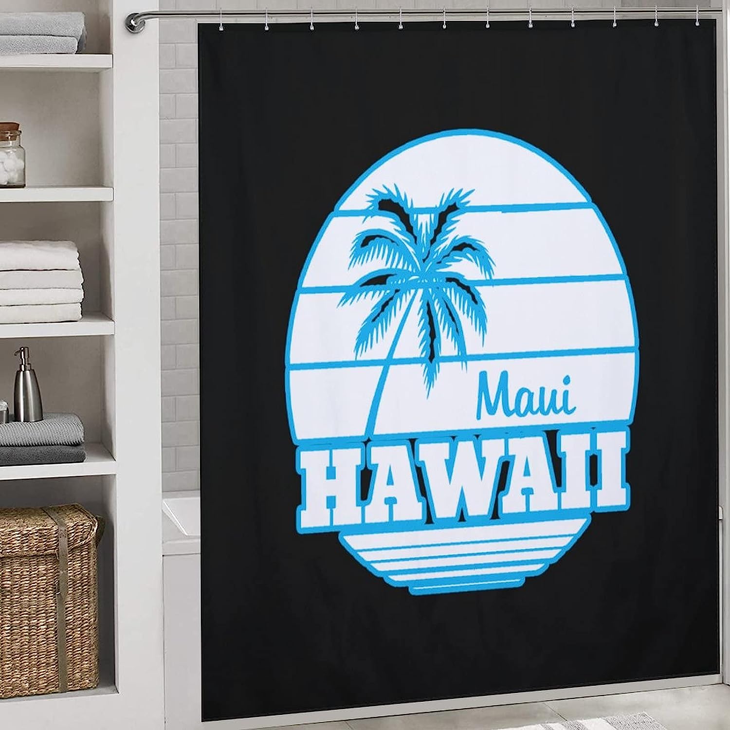 Coastal Maui Hawaii Palm Tree Bathroom Shower Curtain Durable Fabric Waterproof Curtain