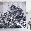Coastal Nature Theme Kraken Octopus Tentacles With Ship Sail Old Boat Art Drawing Nautical Shower Curtain