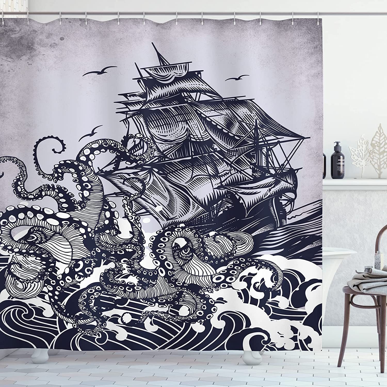 Coastal Nature Theme Kraken Octopus Tentacles With Ship Sail Old Boat Art Drawing Nautical Shower Curtain