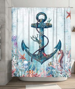 Coastal Nautical Anchor Shower Curtain with Ocean Landscape Print for Hotel and Restroom Decor