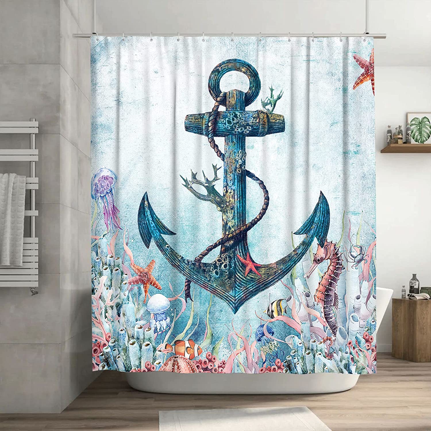 Coastal Nautical Anchor Shower Curtain with Ocean Landscape Print for Hotel and Restroom Decor