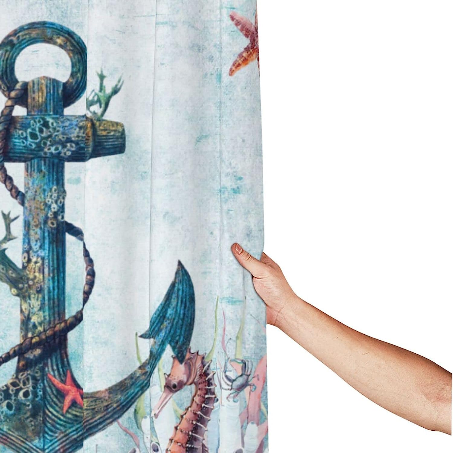 Coastal Nautical Anchor Shower Curtain with Ocean Landscape Print for Hotel and Restroom Decor