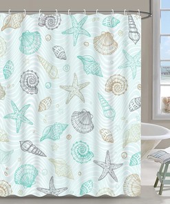 Coastal Nautical Shower Curtain with Seashell and Starfish, Marine Decor for Beach Themed Bathroom, Blue