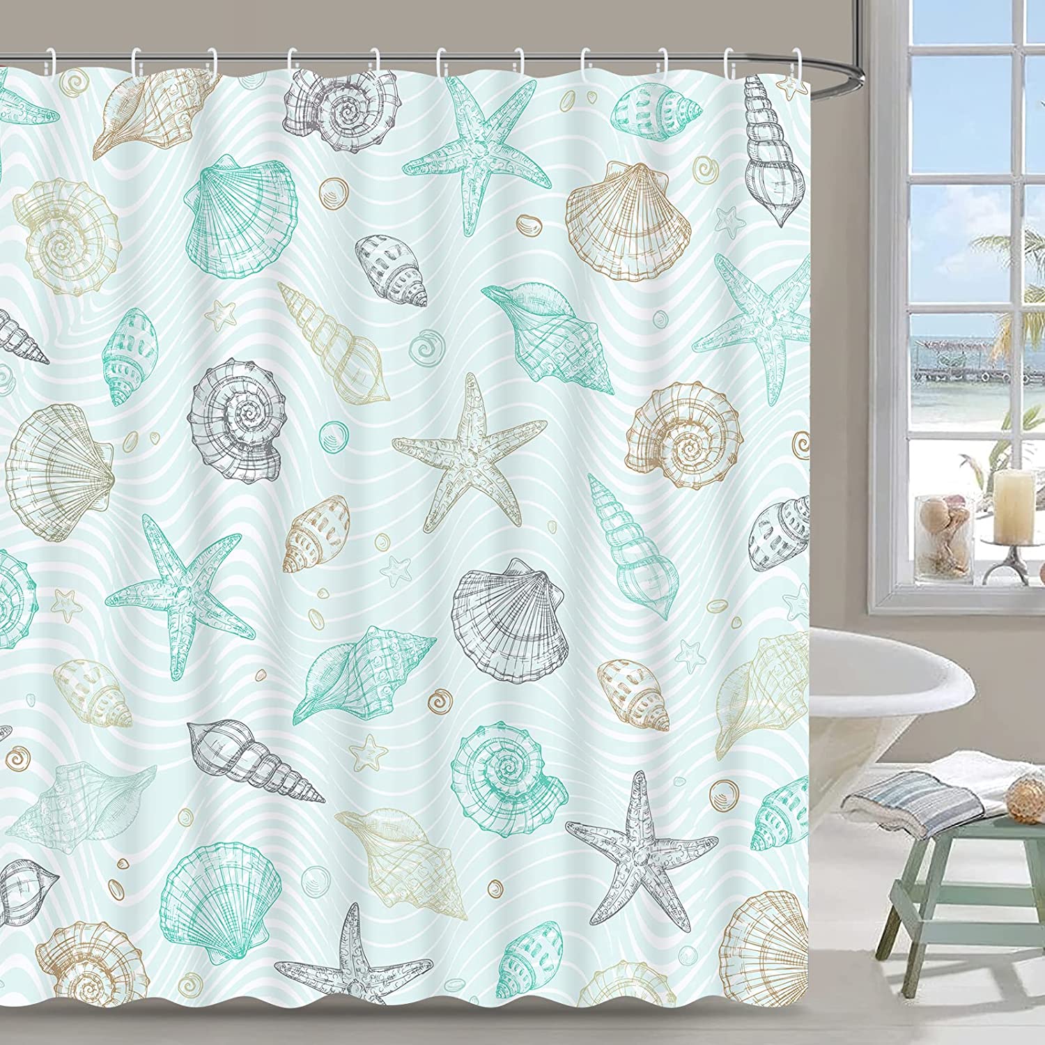 Coastal Nautical Shower Curtain with Seashell and Starfish, Marine Decor for Beach Themed Bathroom, Blue
