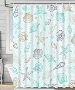 Coastal Nautical Shower Curtain with Seashell and Starfish, Marine Decor for Beach Themed Bathroom, Blue