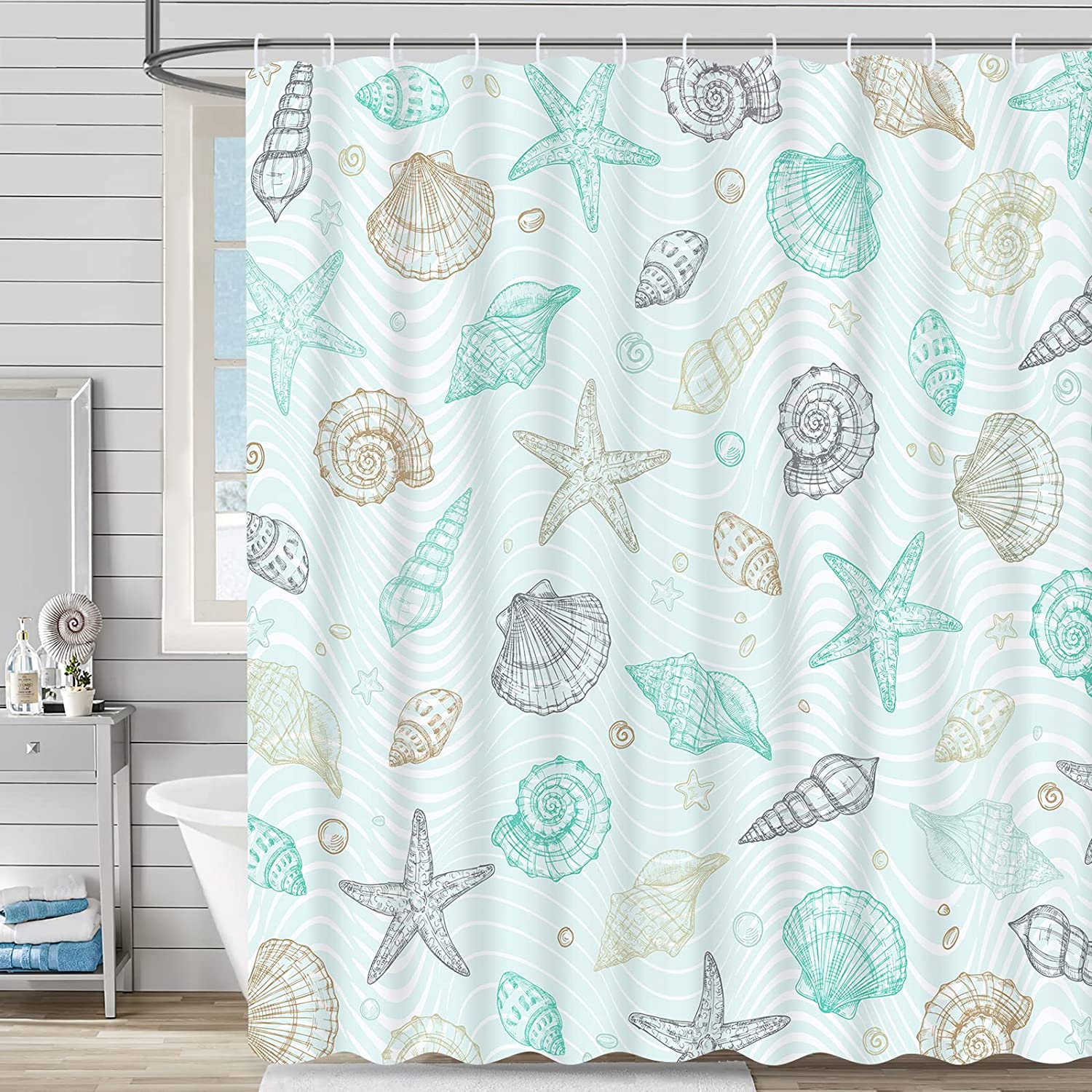Coastal Nautical Shower Curtain with Seashell and Starfish, Marine Decor for Beach Themed Bathroom, Blue