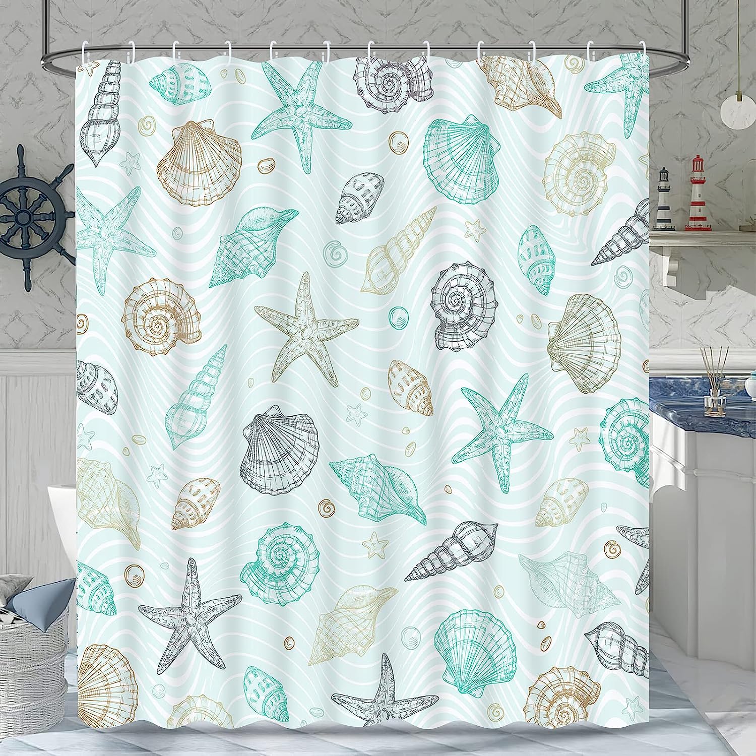 Coastal Nautical Shower Curtain with Seashell and Starfish, Marine Decor for Beach Themed Bathroom, Blue