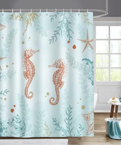 Coastal Seaside Boho Shower Curtain, Seahorse, Starfish And Coral Prints, Beach Ocean Bathroom Decor