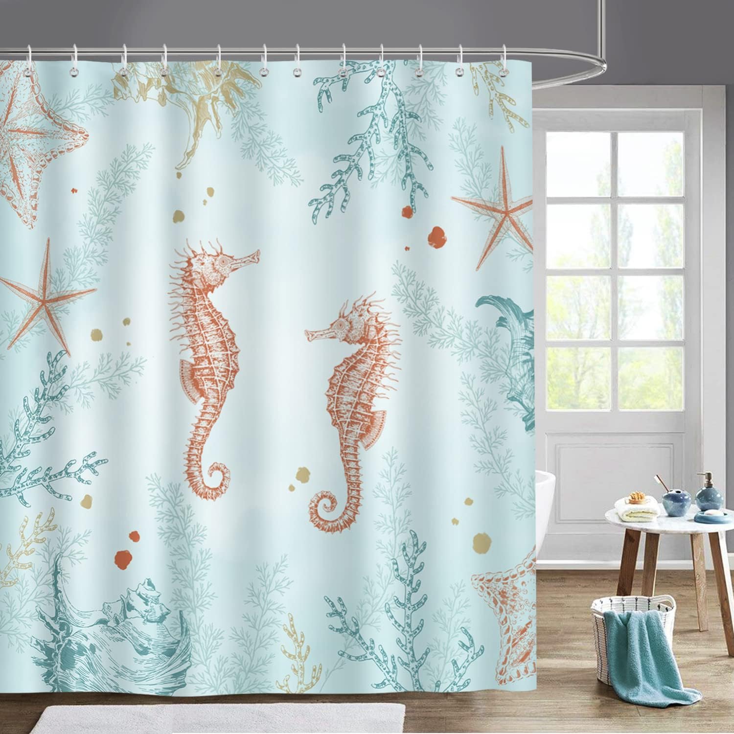 Coastal Seaside Boho Shower Curtain, Seahorse, Starfish And Coral Prints, Beach Ocean Bathroom Decor