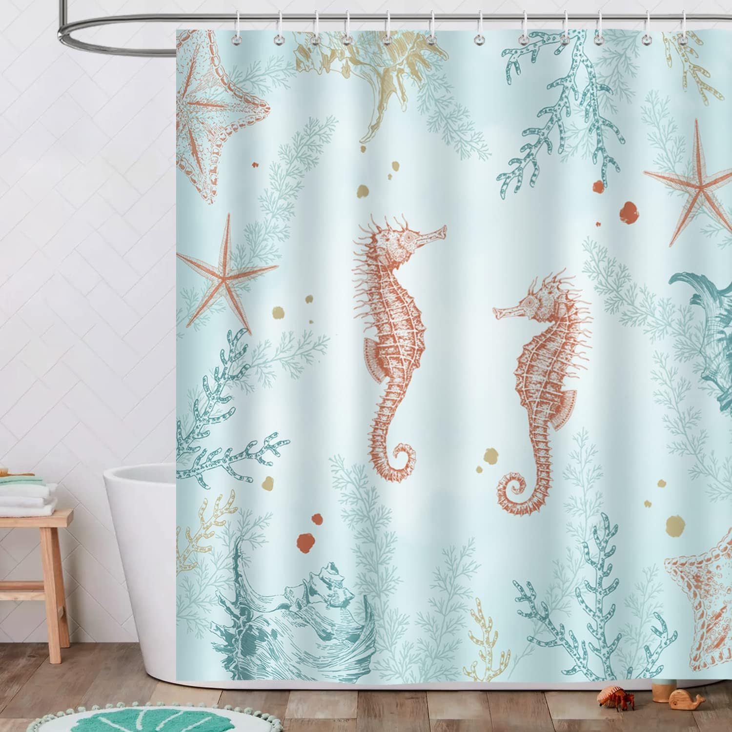 Coastal Seaside Boho Shower Curtain, Seahorse, Starfish And Coral Prints, Beach Ocean Bathroom Decor - Image 2