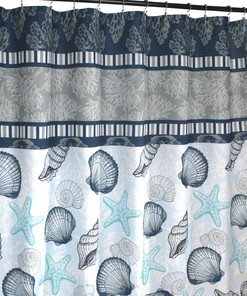 Coastal Shells Fabric Shower Curtain - Scallop Starfish Sea Shells W/ Blue Border For Beach Themed Bathroom