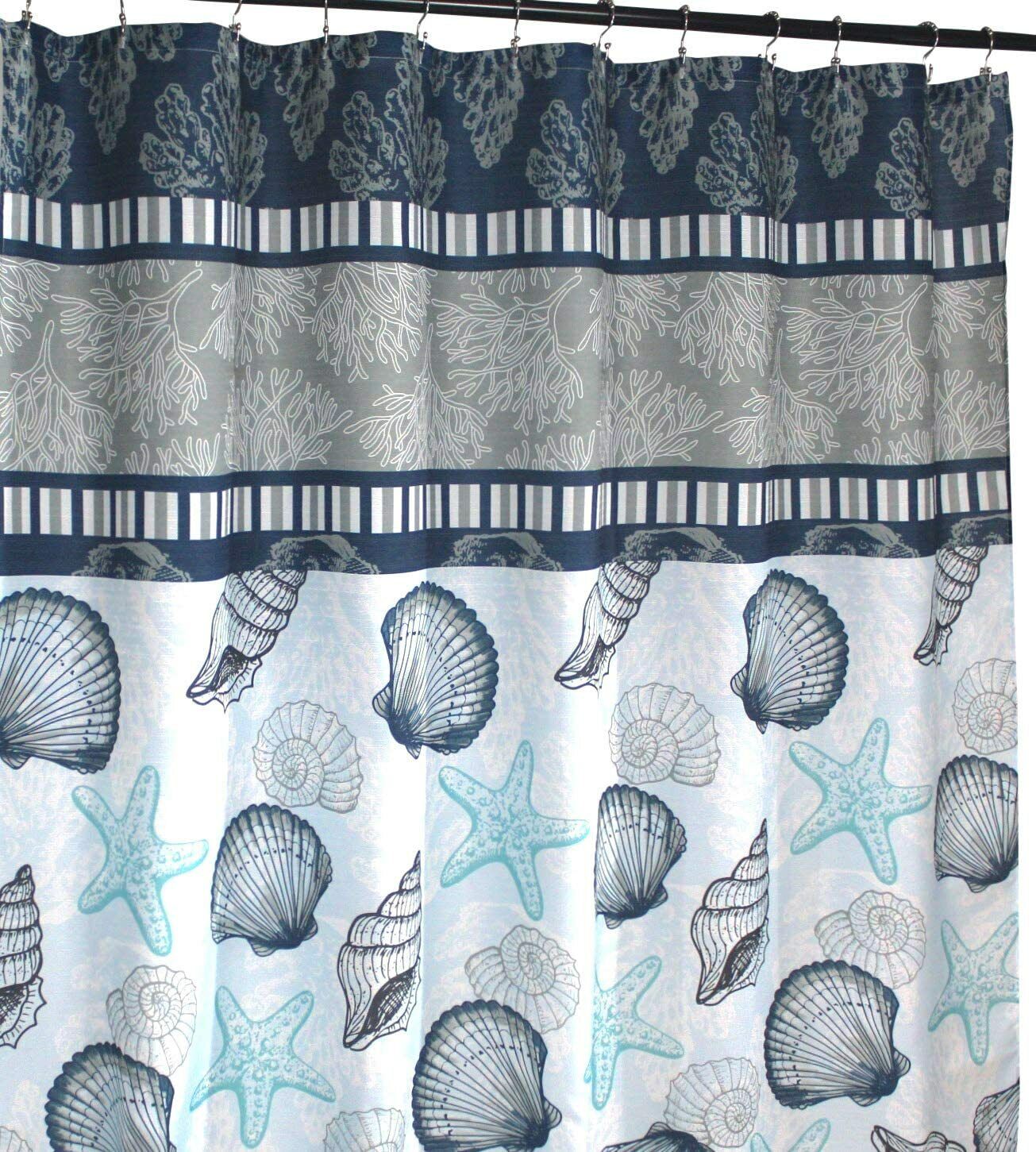 Coastal Shells Fabric Shower Curtain - Scallop Starfish Sea Shells W/ Blue Border For Beach Themed Bathroom