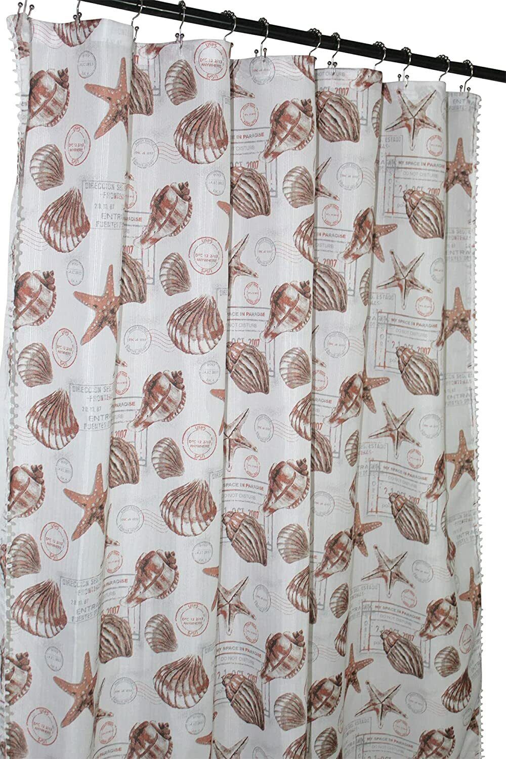 Coastal Shells Fabric Shower Curtain in Coral Orange Beige with Postal Theme
