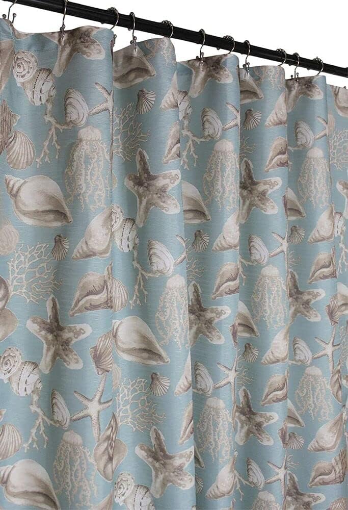 Coastal Shells Sea Life Fabric Shower Curtain - Tan Shells Starfish Jellyfish For Seaside Bathroom Decor