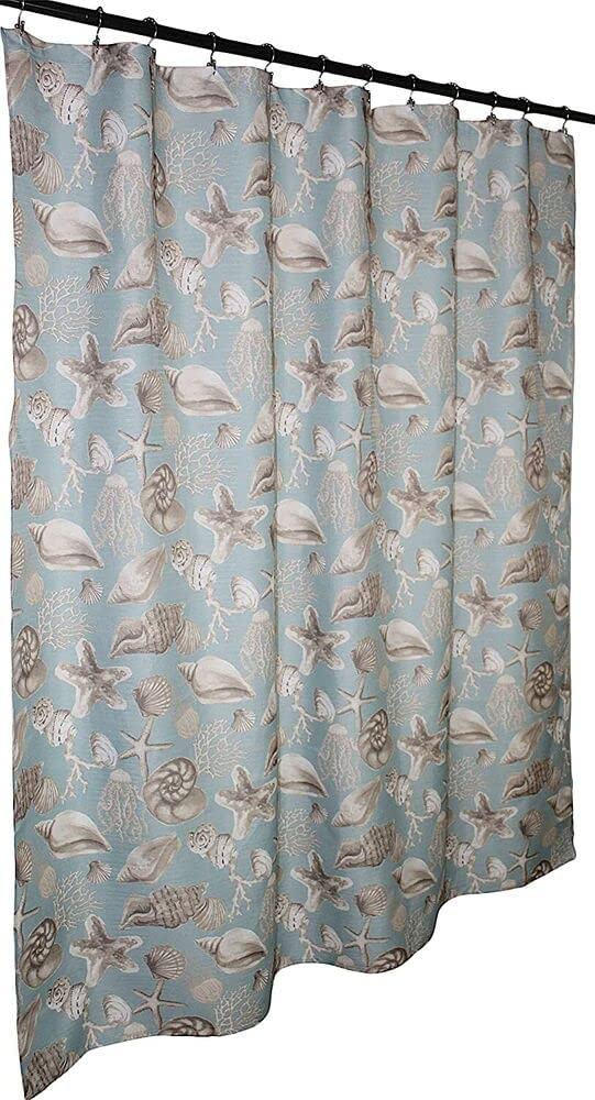 Coastal Shells Sea Life Fabric Shower Curtain - Tan Shells Starfish Jellyfish For Seaside Bathroom Decor - Image 2