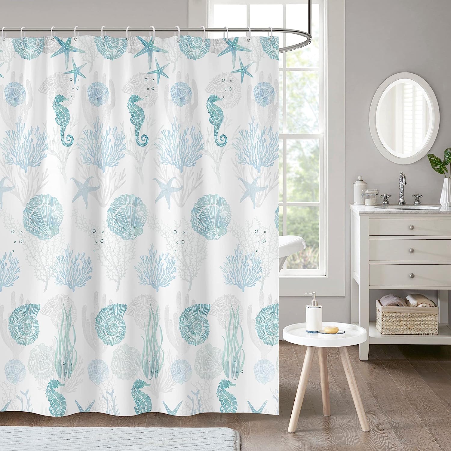 Coastal Shower Curtain Starfish Seashell Coral Seaweed Nautical Ocean Beach Theme