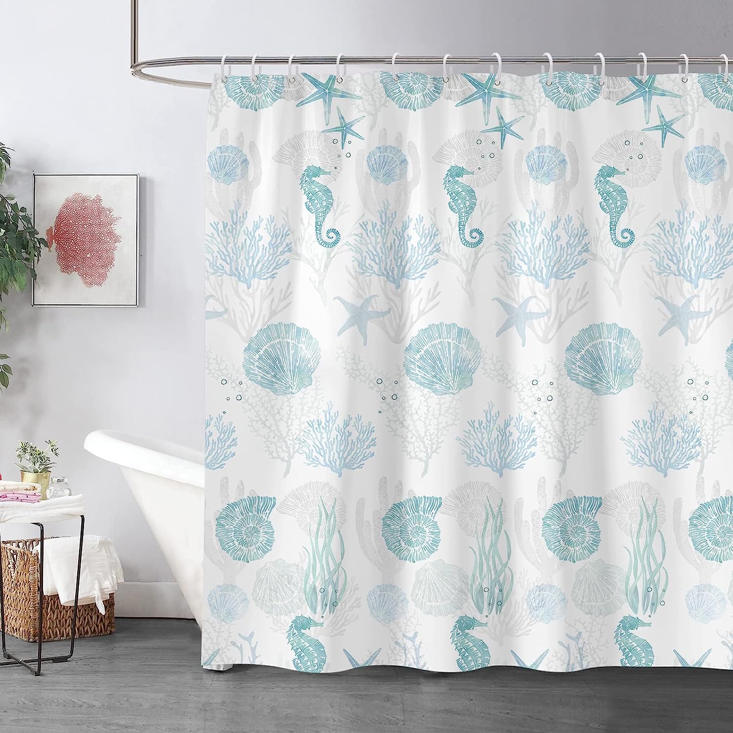 Coastal Shower Curtain Starfish Seashell Coral Seaweed Nautical Ocean Beach Theme