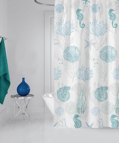 Coastal Shower Curtain Starfish Seashell Coral Seaweed Nautical Ocean Beach Theme