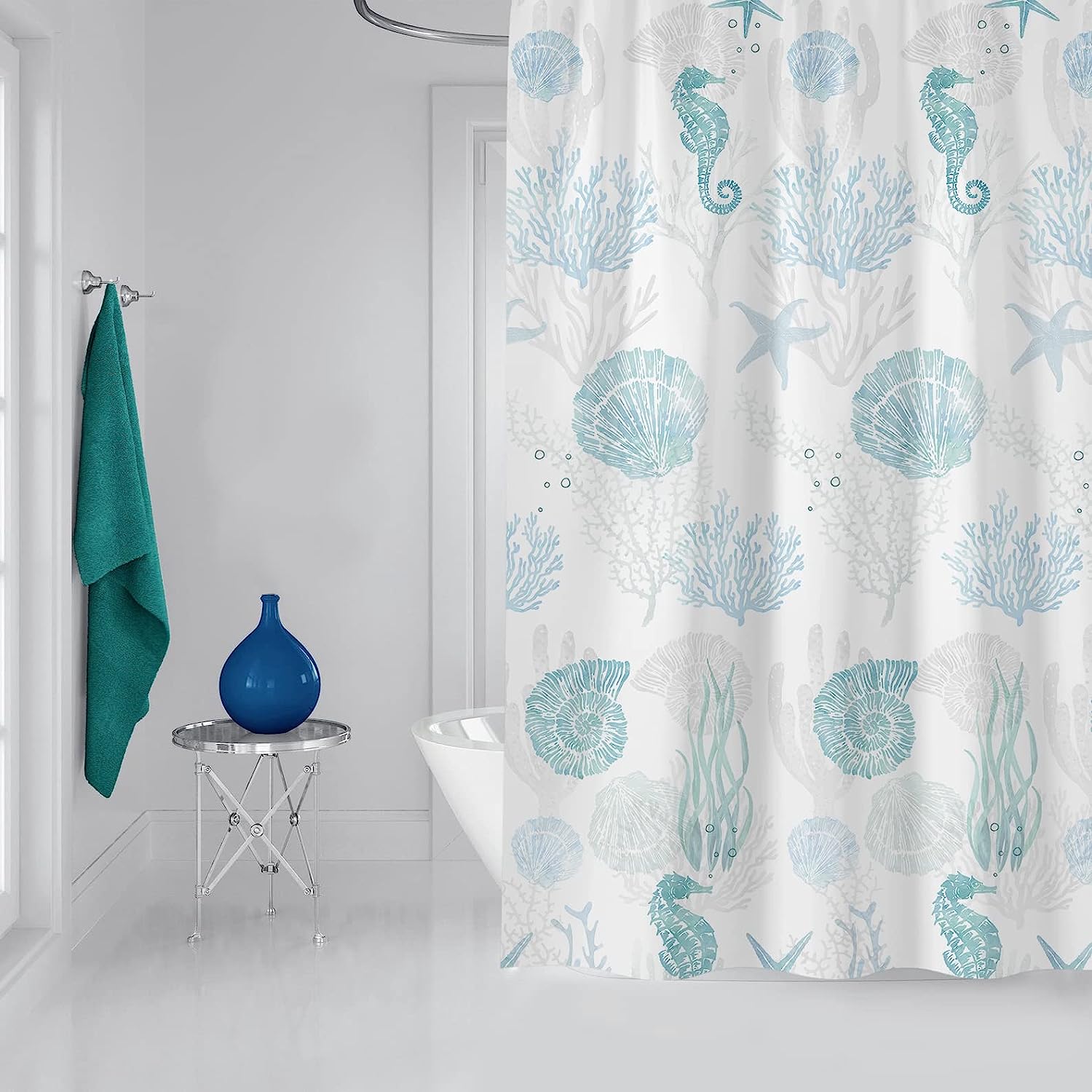 Coastal Shower Curtain Starfish Seashell Coral Seaweed Nautical Ocean Beach Theme